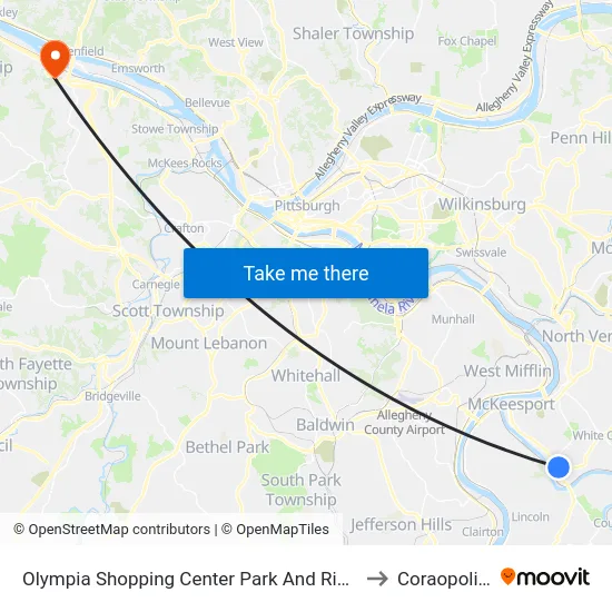 Olympia Shopping Center Park And Ride at Shelter to Coraopolis PA map