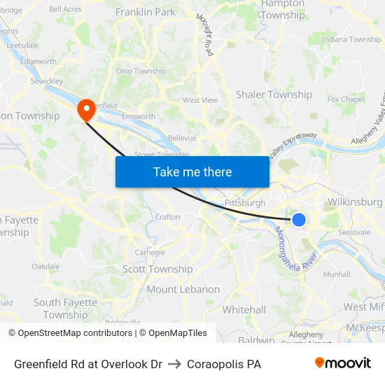 Greenfield Rd at Overlook Dr to Coraopolis PA map