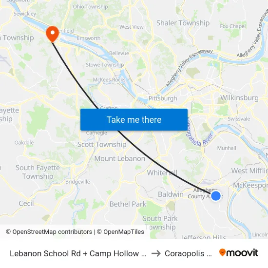 Lebanon School Rd + Camp Hollow Rd to Coraopolis PA map