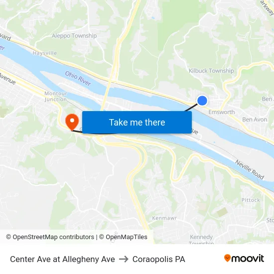 Center Ave at Allegheny Ave to Coraopolis PA map