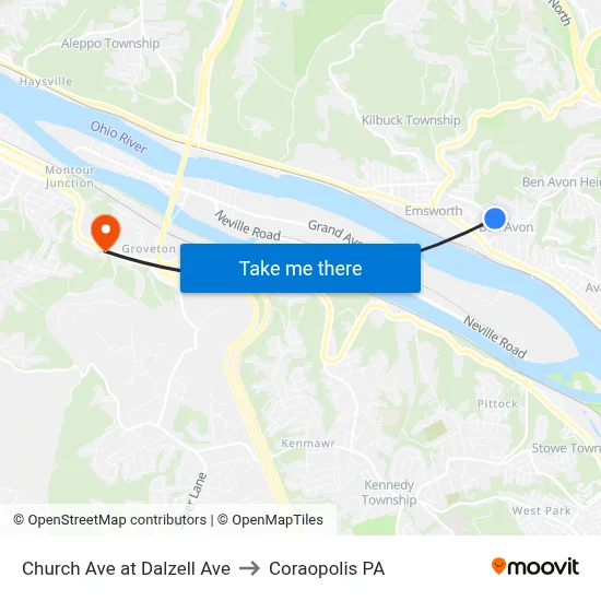 Church Ave at Dalzell Ave to Coraopolis PA map