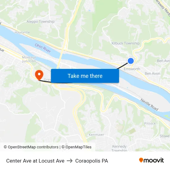 Center Ave at Locust Ave to Coraopolis PA map