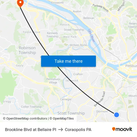 Brookline Blvd at Bellaire Pl to Coraopolis PA map