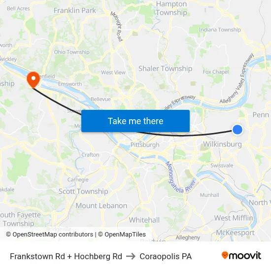 Frankstown Rd + Hochberg Rd to Coraopolis PA map