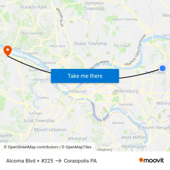 Alcoma Blvd + #225 to Coraopolis PA map