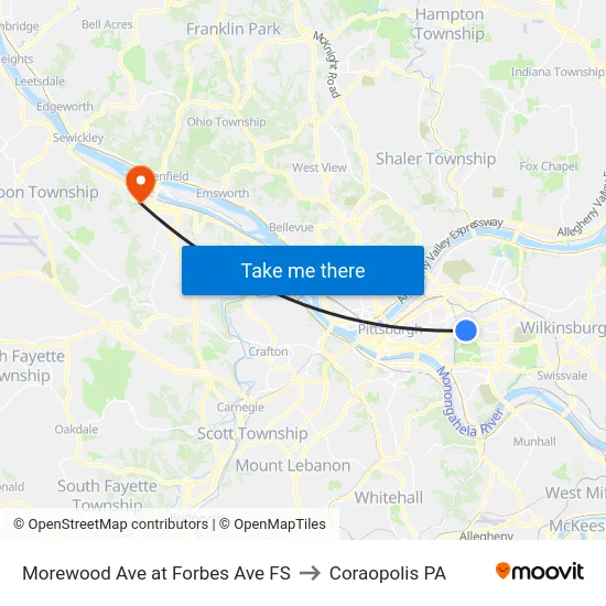 Morewood Ave at Forbes Ave FS to Coraopolis PA map