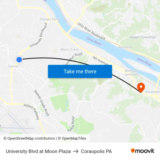 University Blvd at Moon Plaza to Coraopolis PA map