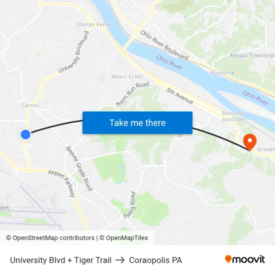 University Blvd + Tiger Trail to Coraopolis PA map