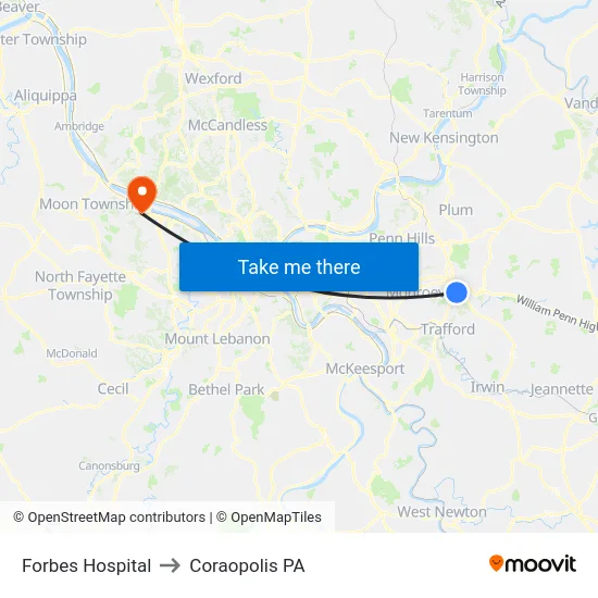 Forbes Hospital to Coraopolis PA map