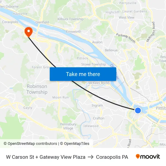W Carson St + Gateway View Plaza to Coraopolis PA map