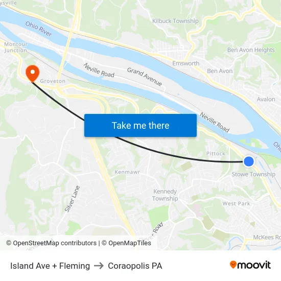 Island Ave + Fleming to Coraopolis PA map