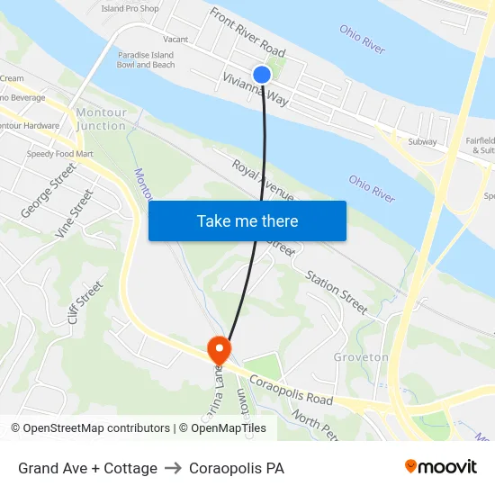 Grand Ave + Cottage to Coraopolis PA map