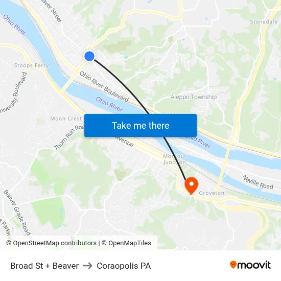 Broad St + Beaver to Coraopolis PA map