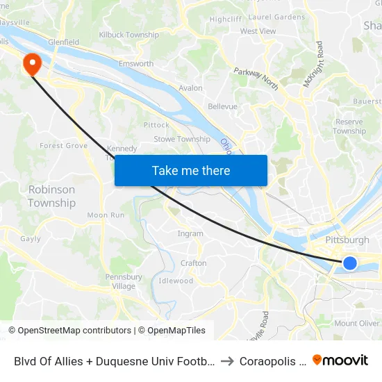 Blvd Of Allies + Duquesne Univ Footbridge to Coraopolis PA map