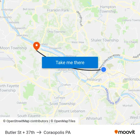 Butler St + 37th to Coraopolis PA map