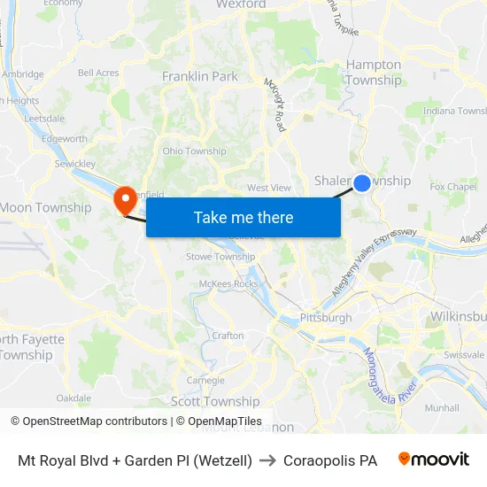 Mt Royal Blvd + Garden Pl (Wetzell) to Coraopolis PA map
