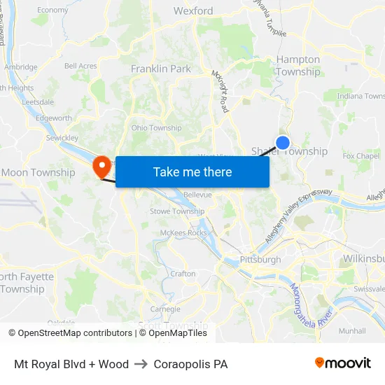 Mt Royal Blvd + Wood to Coraopolis PA map