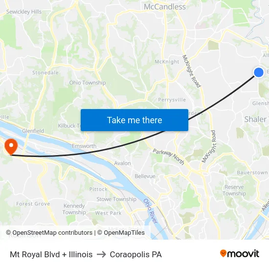 Mt Royal Blvd + Illinois to Coraopolis PA map