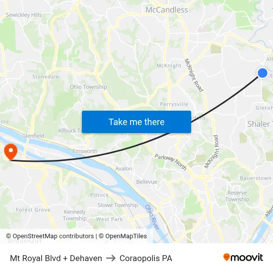 Mt Royal Blvd + Dehaven to Coraopolis PA map