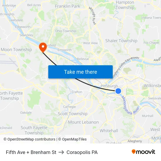 Fifth Ave + Brenham St to Coraopolis PA map