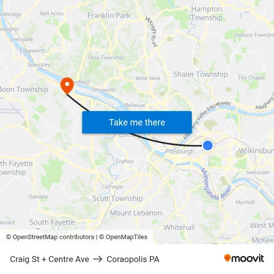 Craig St + Centre Ave to Coraopolis PA map