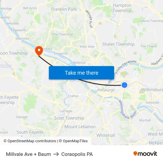 Millvale Ave + Baum to Coraopolis PA map