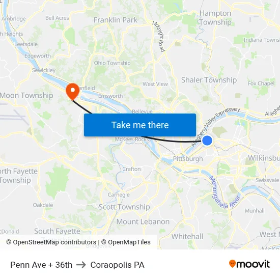 Penn Ave + 36th to Coraopolis PA map