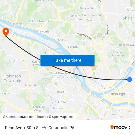 Penn Ave + 30th St to Coraopolis PA map