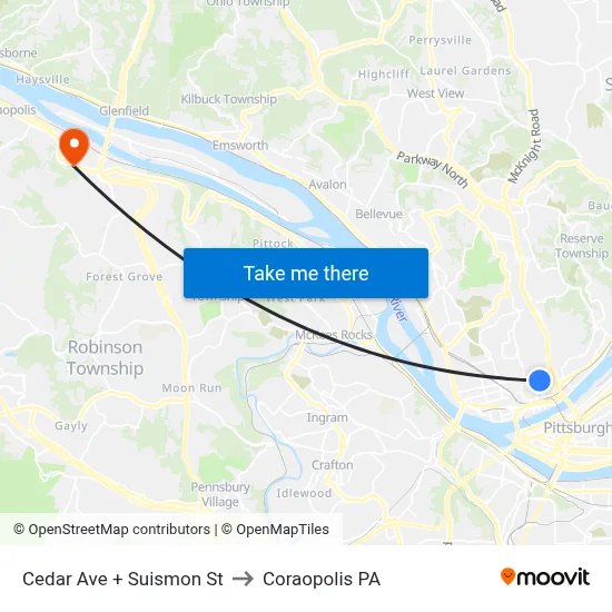 Cedar Ave + Suismon St to Coraopolis PA map