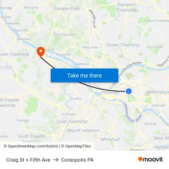 Craig St + Fifth Ave to Coraopolis PA map