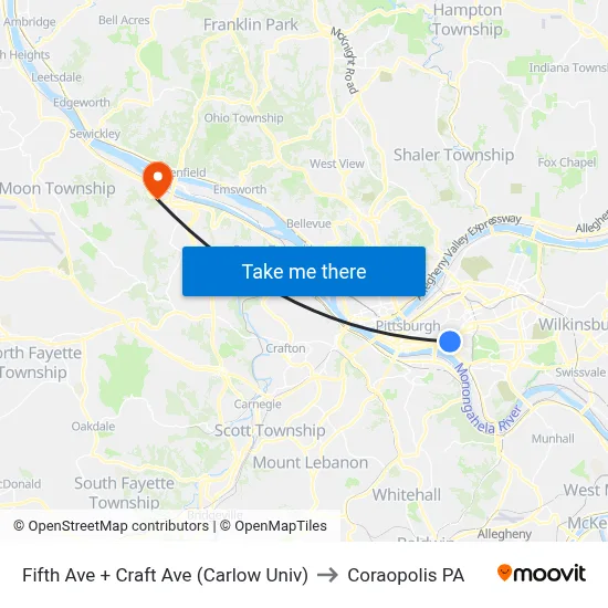 Fifth Ave + Craft Ave (Carlow Univ) to Coraopolis PA map