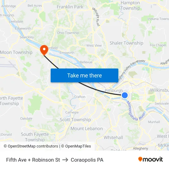 Fifth Ave + Robinson St to Coraopolis PA map
