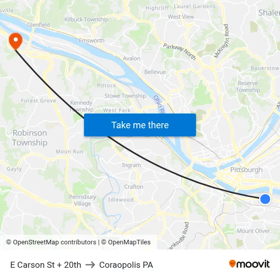 E Carson St + 20th to Coraopolis PA map