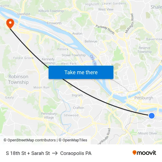 S 18th St + Sarah St to Coraopolis PA map