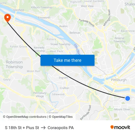 S 18th St + Pius St to Coraopolis PA map