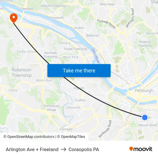 Arlington Ave + Freeland to Coraopolis PA map
