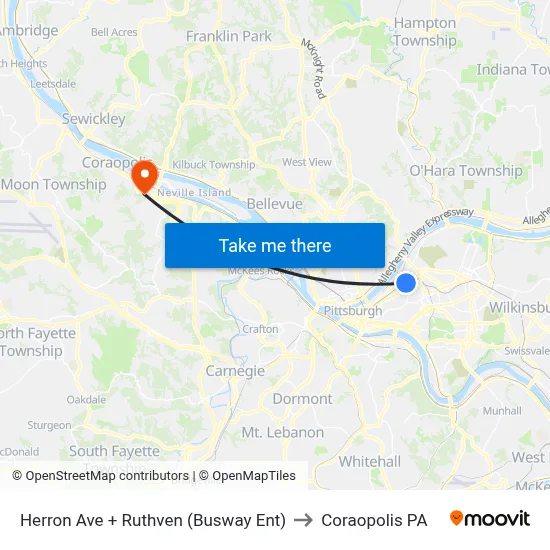 Herron Ave + Ruthven (Busway Ent) to Coraopolis PA map