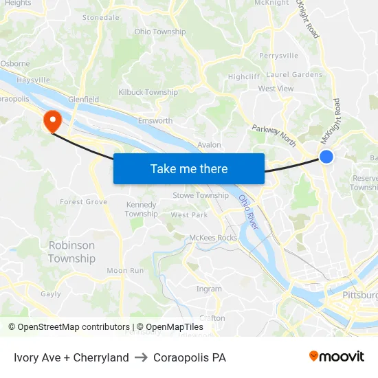 Ivory Ave + Cherryland to Coraopolis PA map