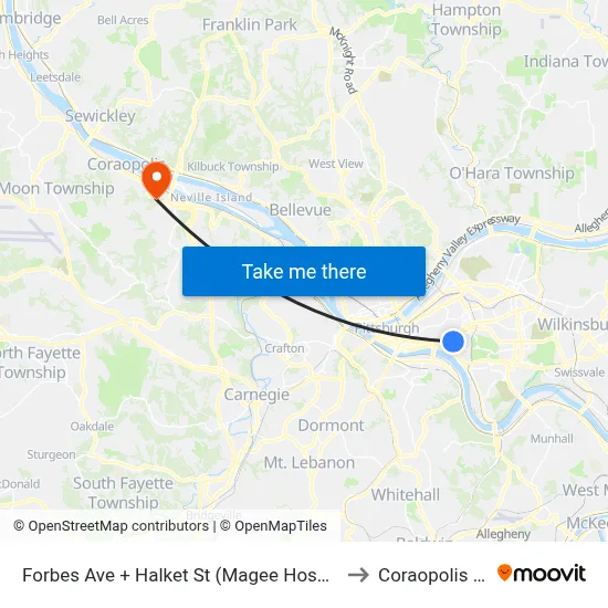 Forbes Ave + Halket St (Magee Hospital) to Coraopolis PA map