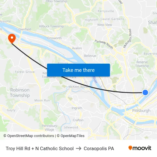 Troy Hill Rd + N Catholic School to Coraopolis PA map