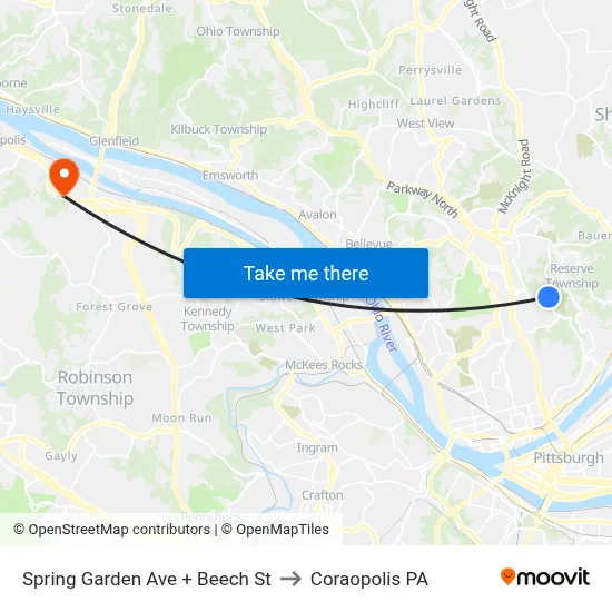 Spring Garden Ave + Beech St to Coraopolis PA map