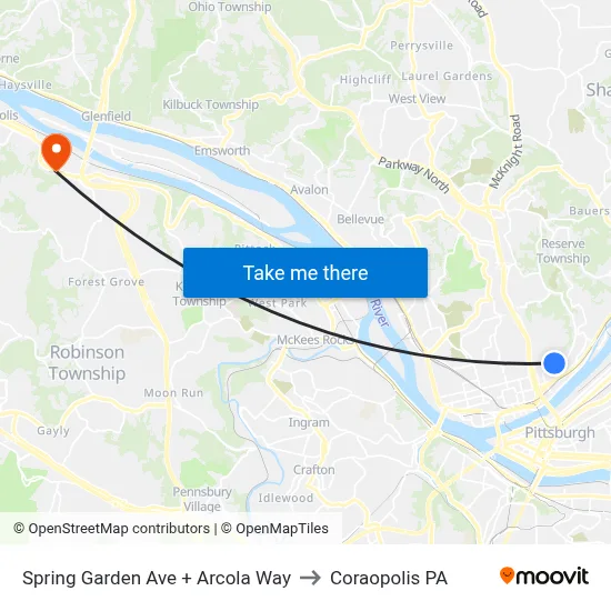 Spring Garden Ave + Arcola Way to Coraopolis PA map