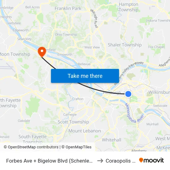 Forbes Ave + Bigelow Blvd (Schenley Dr) to Coraopolis PA map