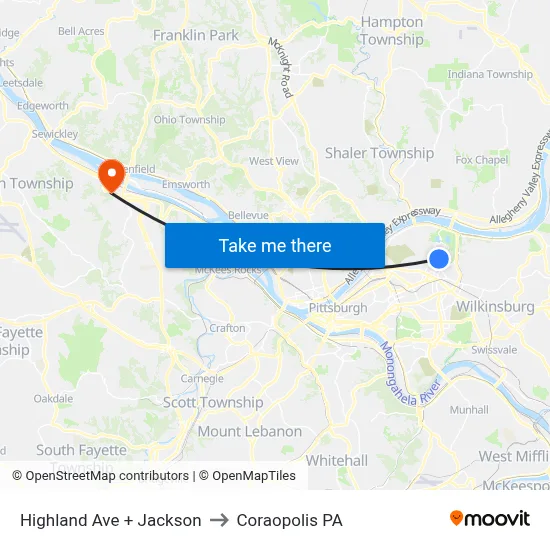 Highland Ave + Jackson to Coraopolis PA map