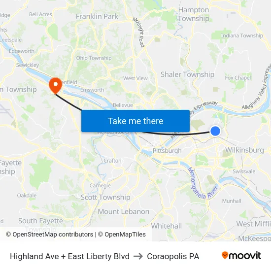Highland Ave + East Liberty Blvd to Coraopolis PA map