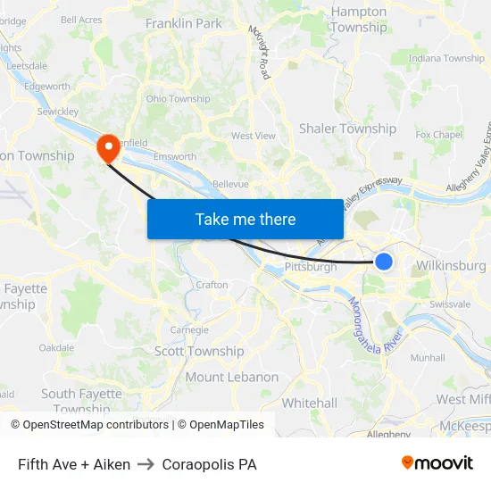 Fifth Ave + Aiken to Coraopolis PA map