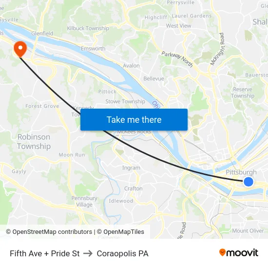 Fifth Ave + Pride St to Coraopolis PA map