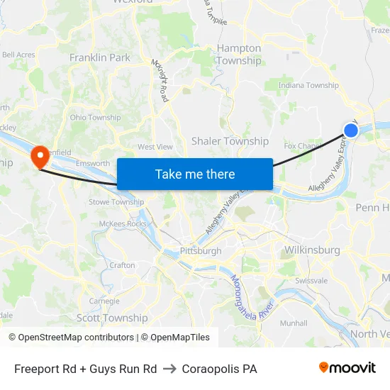 Freeport Rd + Guys Run Rd to Coraopolis PA map