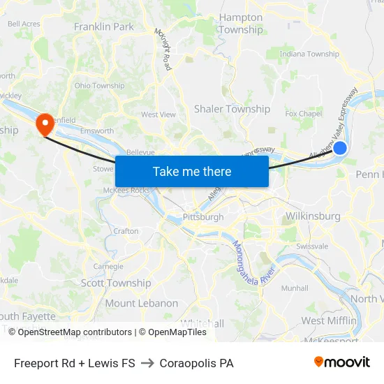 Freeport Rd + Lewis FS to Coraopolis PA map