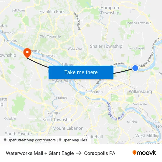 Waterworks Mall + Giant Eagle to Coraopolis PA map
